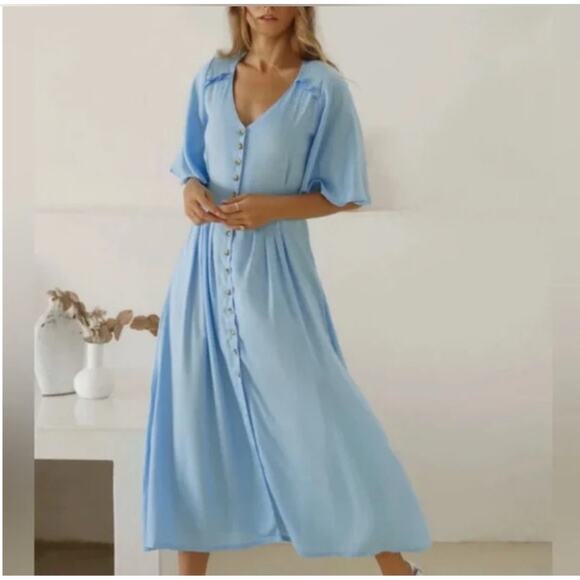 ELF | Elegant Blue Button Down Dress Lola Midi Dress Handmade Ruffle | Size XXL - Picture 1 of 11